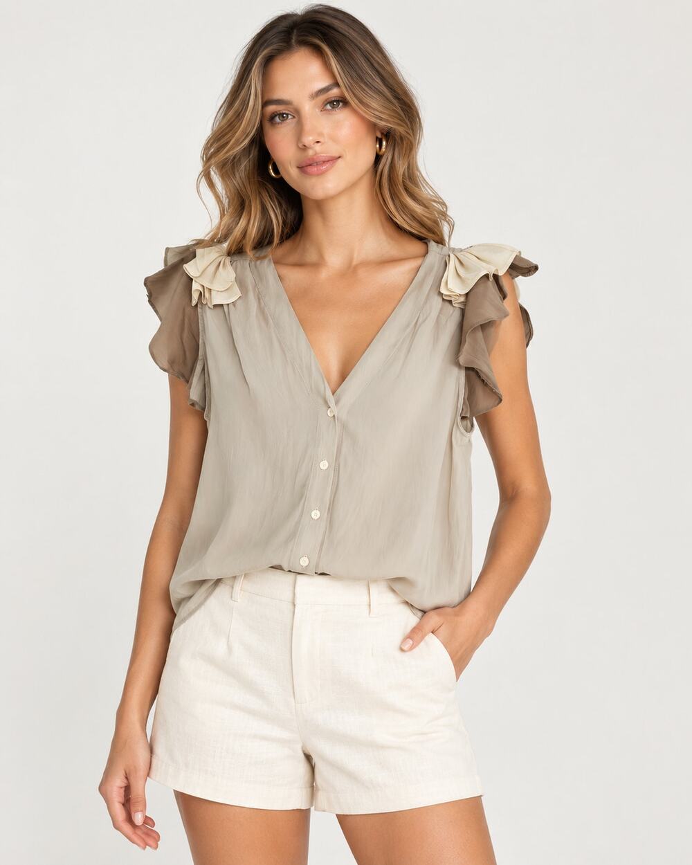 Koch Dane Ruffle Sleeve V-Neck Blouse Light Tan Gloss XS